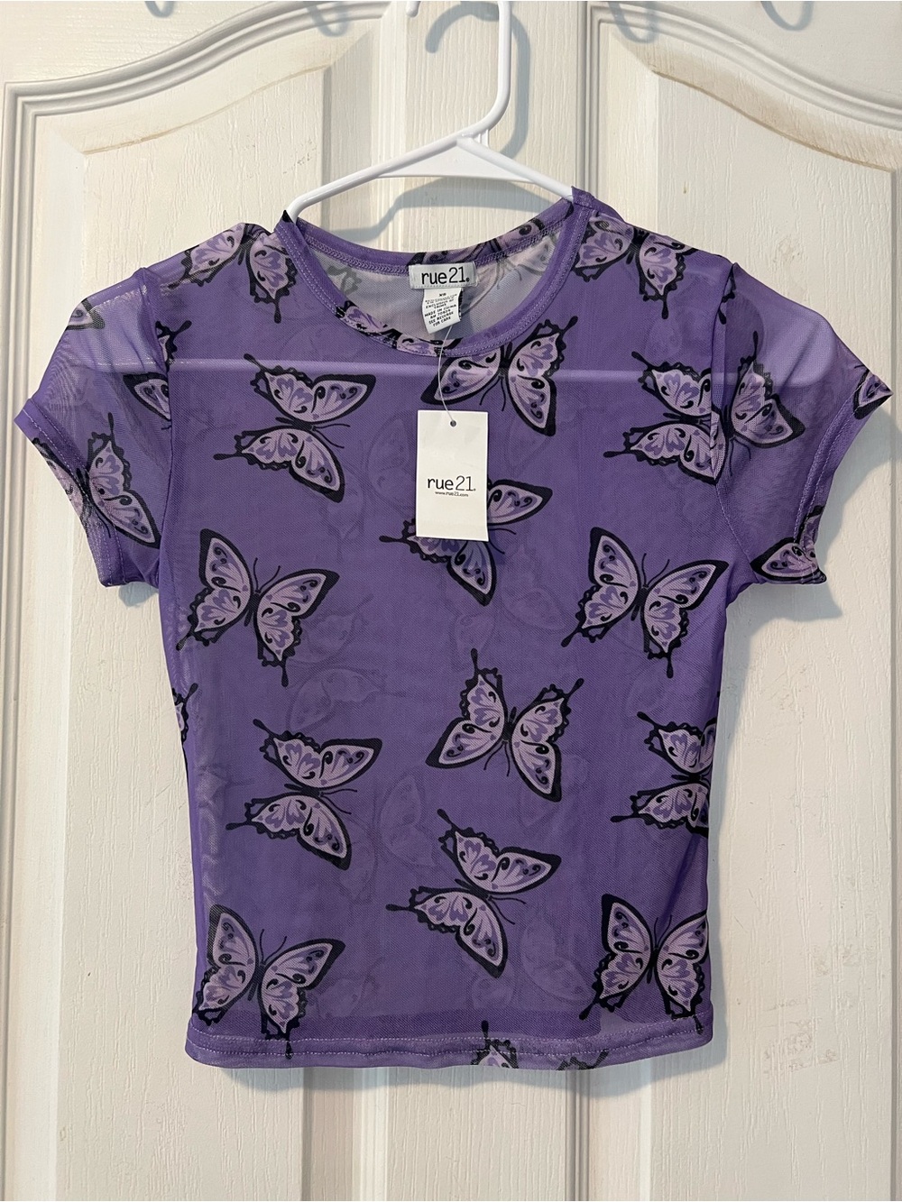 VTG Y2K Purple Butterfly Print Sheer Mesh Crop Top Baby Tee XS Festival Fairy